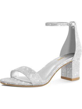 Women's Low Block Chunky Heel Sandals Open Toe Silver Ankle Strappy Buckle